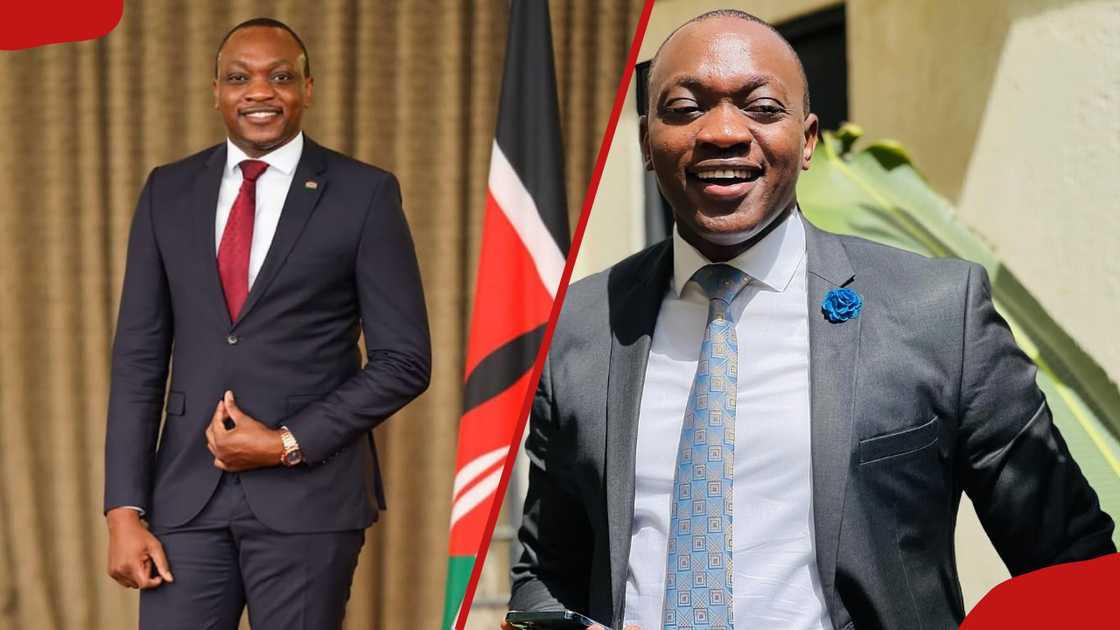 Ken Mijungu posing for a photo in a black suit and a grey suit Ken Mijungu posing for a photo in a black suit and a grey suit