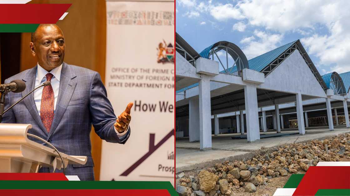 Photo collage of William Ruto and Dini Modern Market. Photo collage of William Ruto and Dini Modern Market.