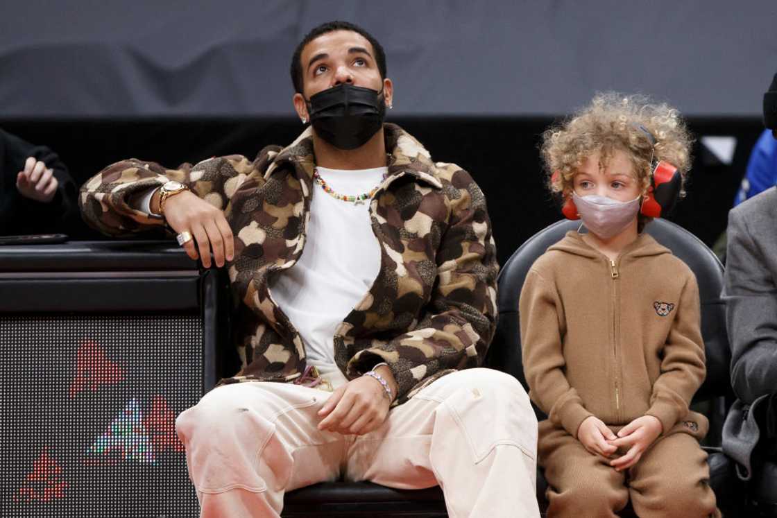 Drake and his son Adonis at the NBA game between the Toronto Raptors and the Chicago Bulls at Scotiabank Arena on February 3, 2022, in Toronto, Canada. Drake and his son Adonis at the NBA game between the Toronto Raptors and the Chicago Bulls at Scotiabank Arena on February 3, 2022, in Toronto, Canada.